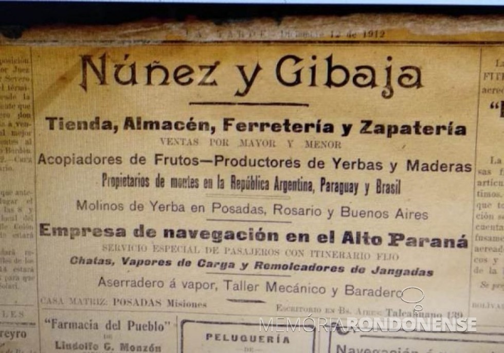 || Anúncio publicitário da empresa Nuñez Y Gibaja, no jornal La Tarde, da cidade de Posadas. Imagem: Acervo Museu Anibal Cambas - Posadas - Misiones. Pesquisa: Luiz Eduardo Deon - Cascavel - FOTO 4 -