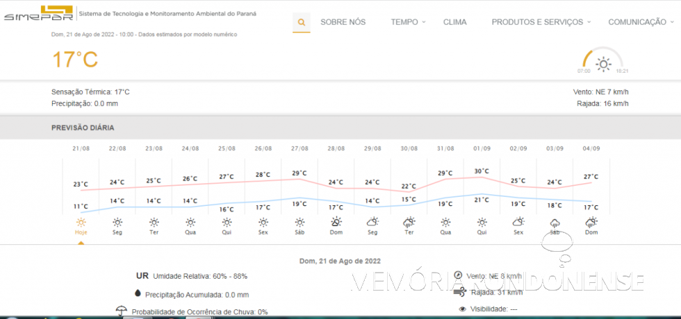 || Cópia do painel digital do Simepar com a previsão climatológica para Marechal Cândido Rondon, a partir de 21 de agosto de 2022.
Imagem: Acervo Simepar - FOTO 18 -
