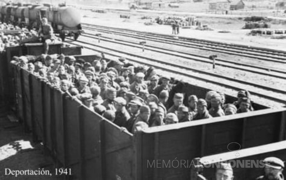 || Russos-alemães embarcados em vagões para cargas de boi com destino aos campos de concentração, a partir de agosto de 1941.
Imagem: Acervo El DIa (Argentina( - FOTO 2 -