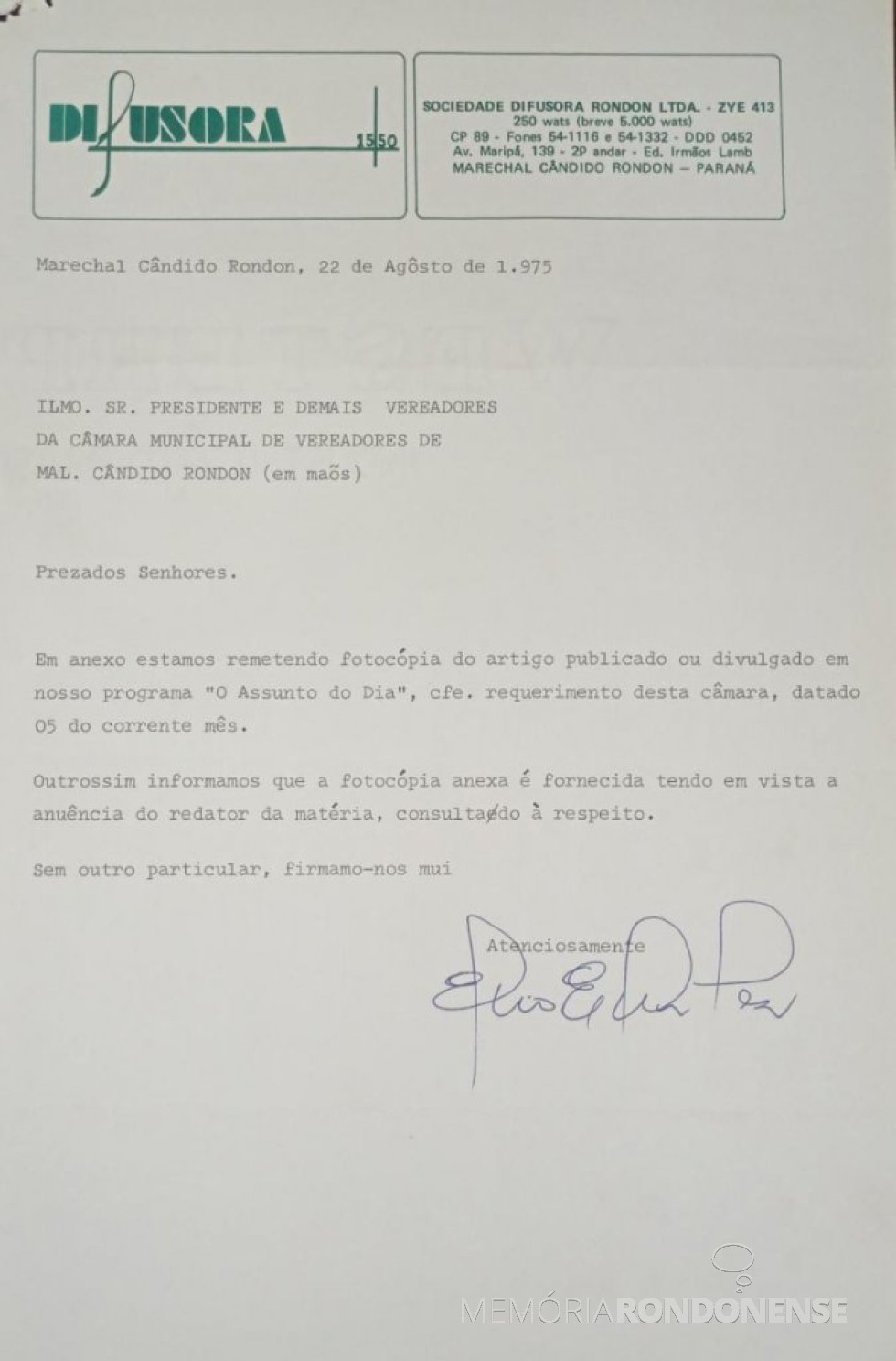 || Expediente da Rádio Difusora Rondon em resposta ao requerimento de fornecimento de cópia do artigo 