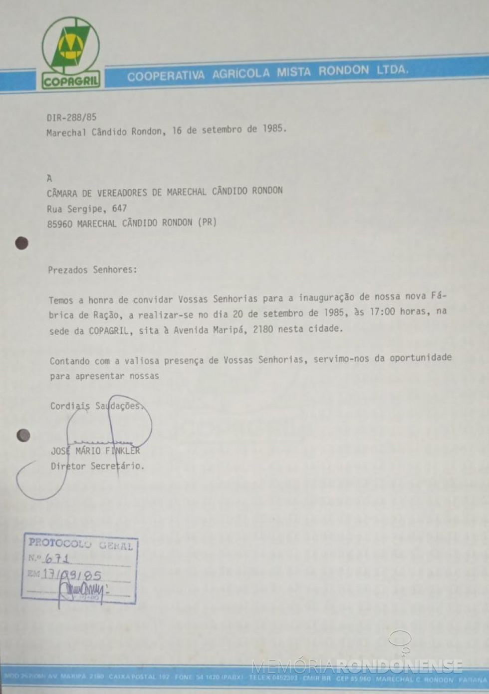 || Convite da Cooperativa Agroindustrial Copagril dirigido à Câmara Municipal de Marechal Cândido Rondon para participar da inauguração da nova fábrica de rações, em setembro de 1985.
Imagem: Acervo do Legislativo referenciado - FOTO 6 -