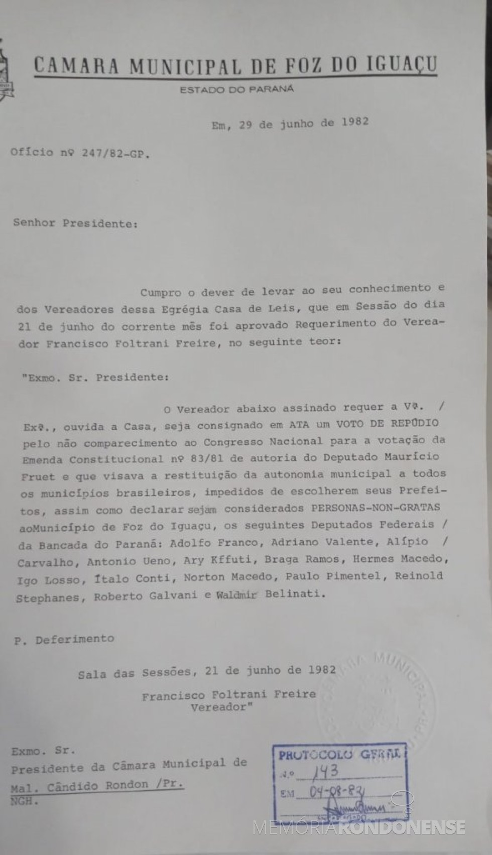 || Parte inicial do expediente da Câmara Municipal de Foz do Iguaçu dirigido à Câmara Municipal de Marechal Cândido Rondon  ref. a nota de repúdio a deputados federais paraanenses, em junho de 1981.
Imagem: Acervo da Câmara Municipal de Marechal Cândido Rondon - FOTO  4 - 