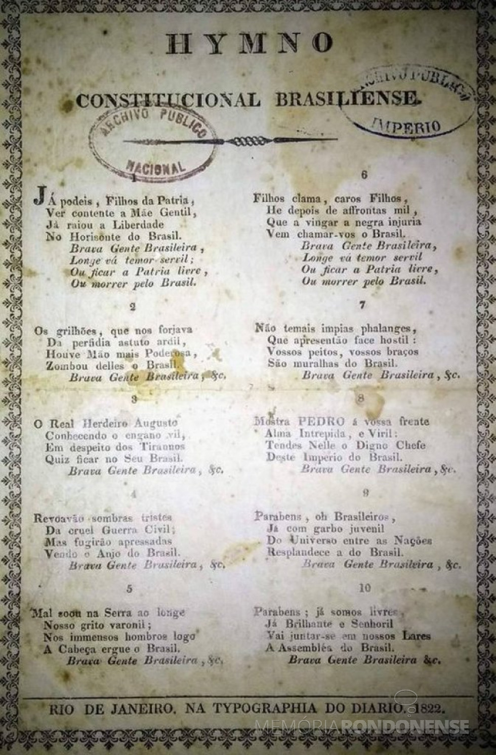 || Cópia da publicação do poema de Evaristo da Veiga que depois foi designado como