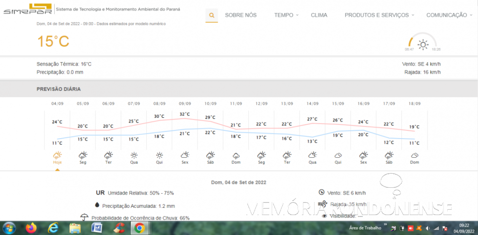 || Informe digital de previsão climatológica do Simepar, para 04 de setembro de 2023 e  dias subsequentes ao 04 de setembro de 2022.
Imagem: Acervo do Órgão - FOTO 27 - 
