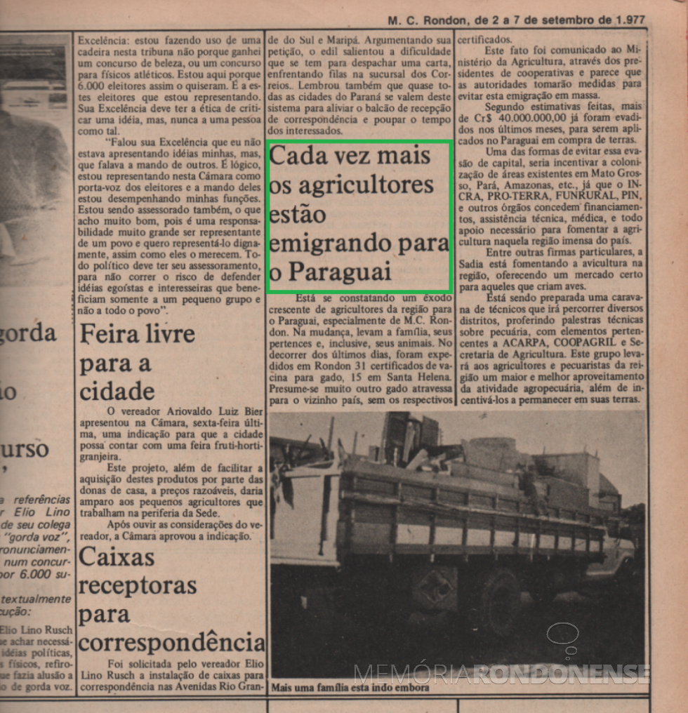 || Recorte do extinto jornal rondonense Rondon Hoje, ed. 02 a 09.1977, com destaque sobre a migração de rondonenses ao Paraguai.
Imagem: Acervo Memória Rondonense - FOTO 8 - 