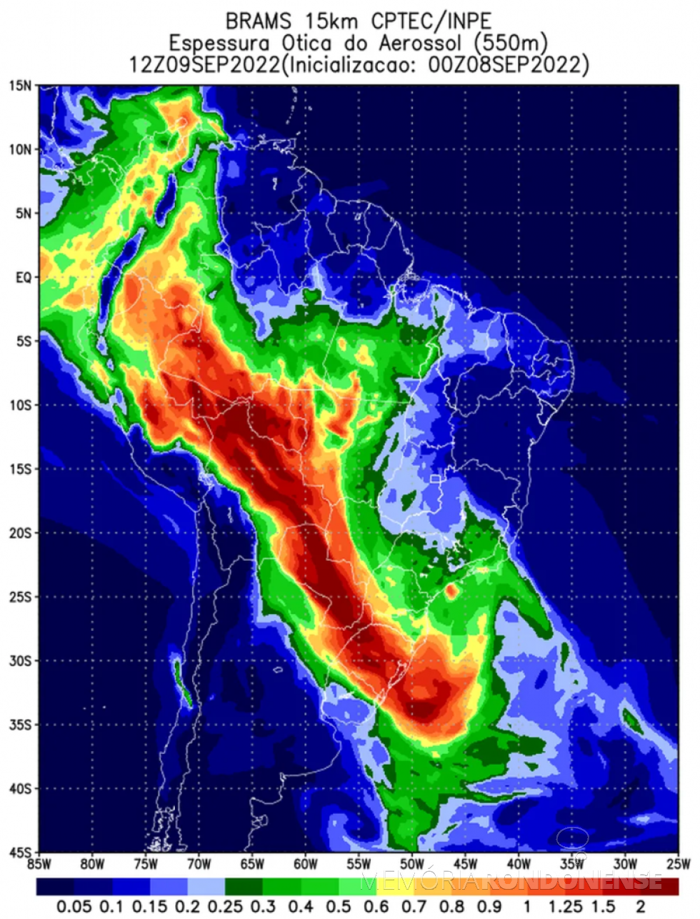 || Onda de Fumaça (em vermelho) de queimadas na Amazônia é registrada no oeste do Paraná, em 09 de setembro de 2022.
Imagem: Acervo Divulgação/Instituto Nacional de Meteorologia (INMET) -- FOTO 15 -