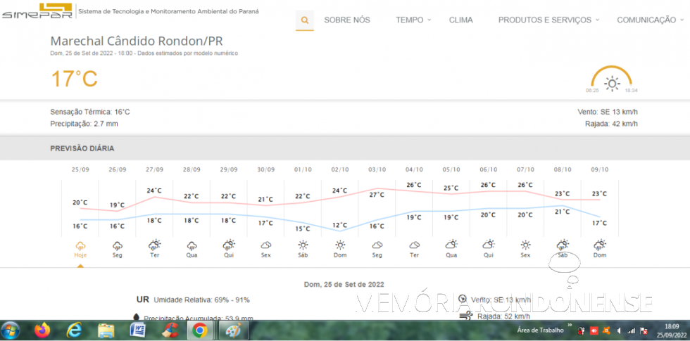 || Página informativa digital do Simepar com a previsão climatológica para Marechal Cândido Rondon, a partir de 23.09.2022 e dias seguintes.
Imagem: Acervo do órgão - FOTO 16 -