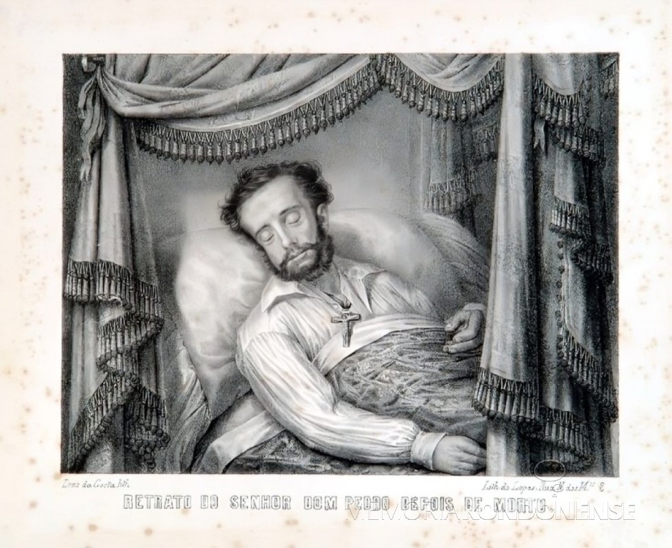 || D. Pedro I em seu leito de morte no Palácio Queluz, em setembro de 1834.
Litografia de Dias da Costa - Acervo Wikimedia Commons - FOTO 2 - 