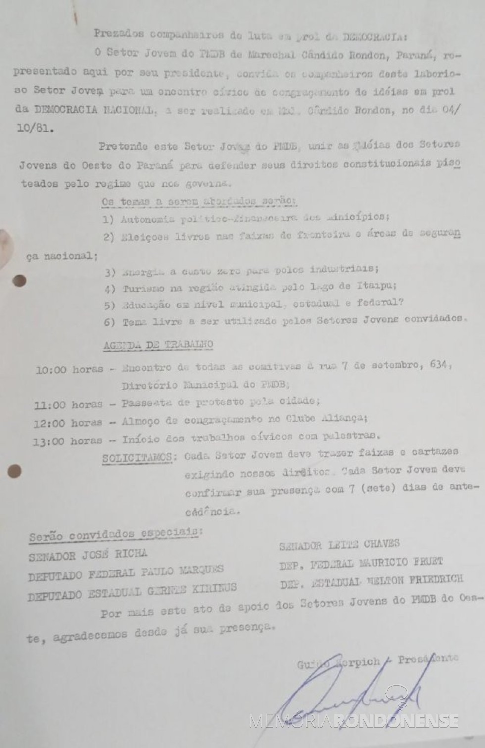 || Convite do Setor Jovem do PMDB de Marechal Cândido Rondon para um encontro cívico, em outubro de 1981.
Imagem: Acervo Câmara Municipal de Marechal Cândido Rondon - FOTO 15 - 