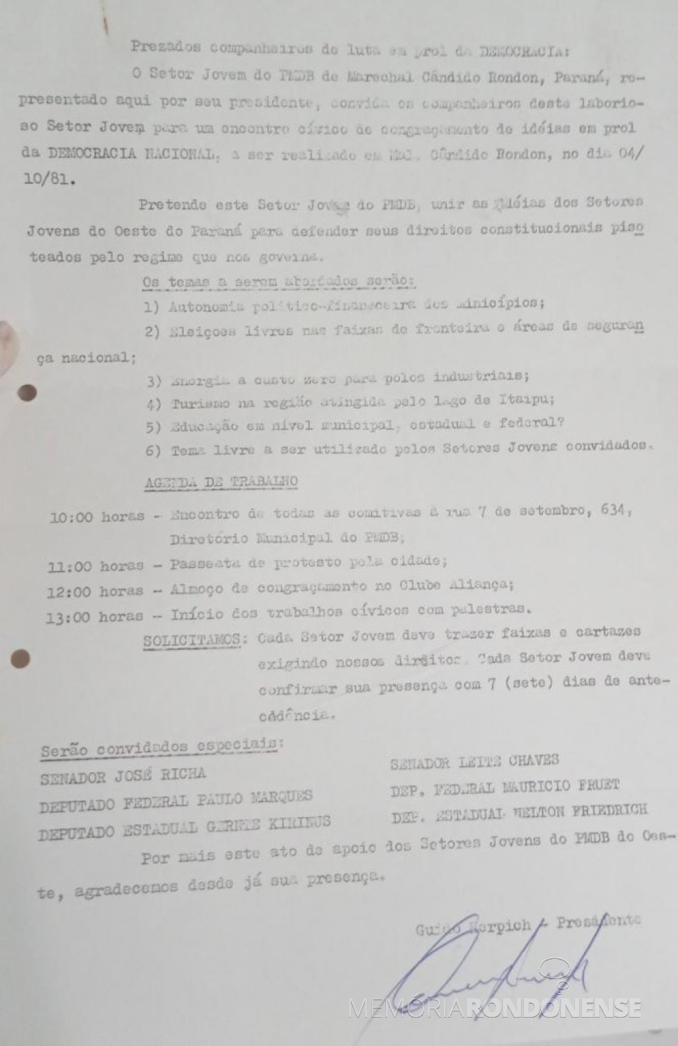 || Convite do Setor Jovem do PMDB de Marechal Cândido Rondon para um encontro cívico, em outubro de 1981.
Imagem: Acervo Câmara Municipal de Marechal Cândido Rondon - FOTO 15 -