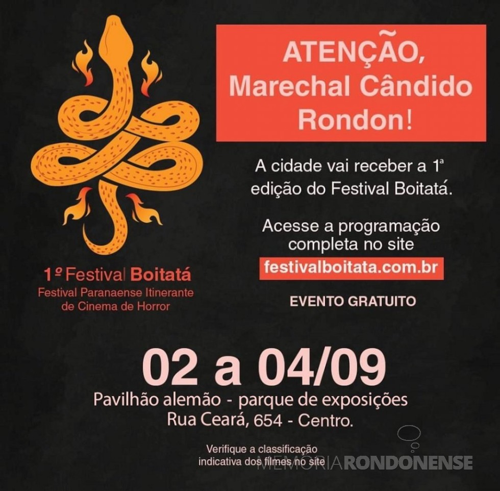 || Cartaz do 1º Festival Itinerário de Filmes de Horror, em Marechal Cândido Rondon, em setembro de 2022.
Imagem: Acervo Imprensa PM-MCR - FOTO 22 - 
