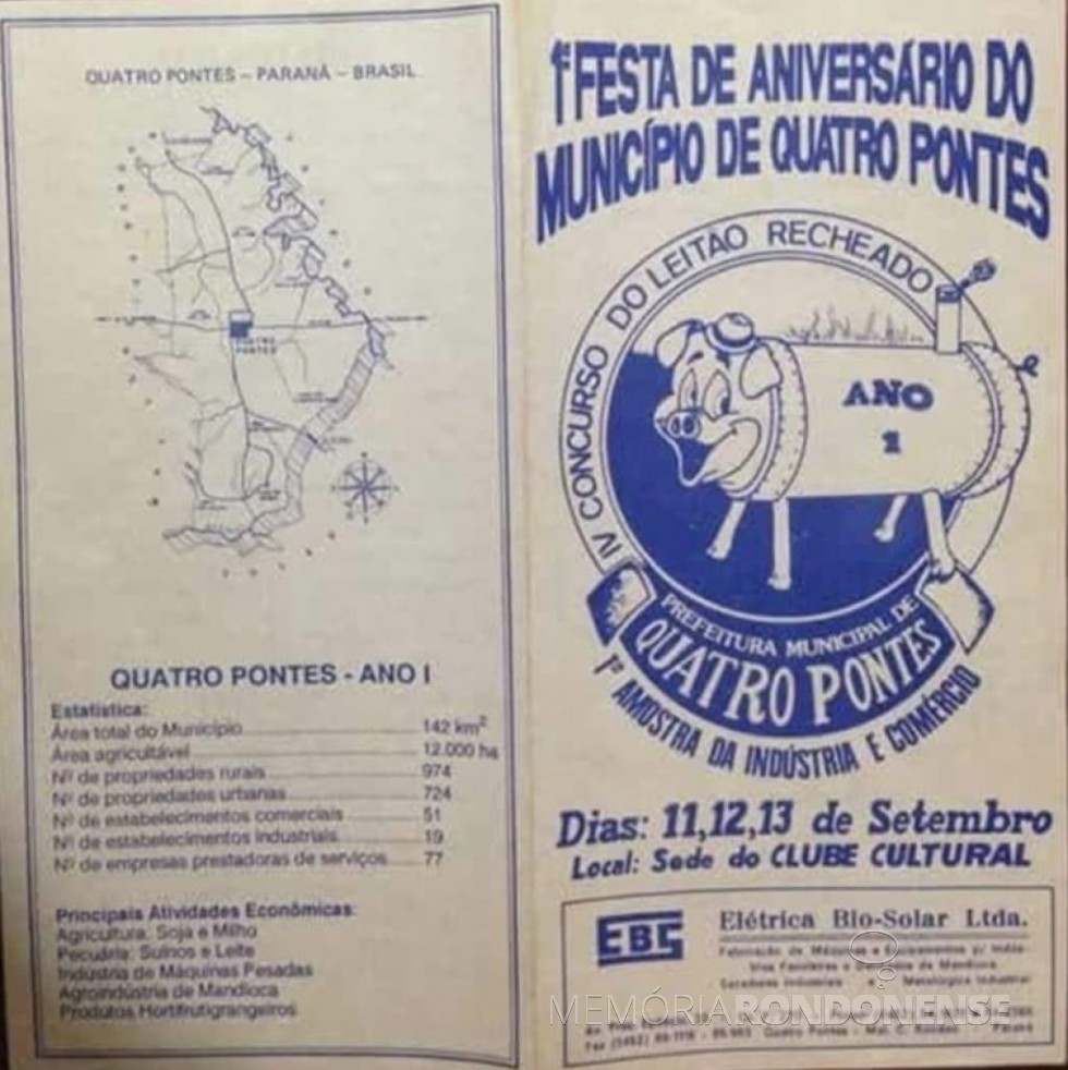 || Folder da 1ª Festa do Município de Quatro Pontes (PR), em setembro de 1992. 
Imagem: Acervo Projeto Memória Rondonense - FOTO 12 - 