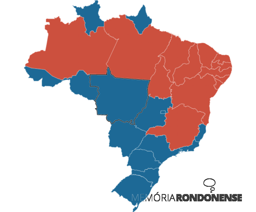|| Mapa nos estados em que Bolsonaro foi mais votado (em azul) e nos estados em que o candidato Lula mais votado (em vermelho).
Imagem: Acervo TSE - FOTO 23 - 