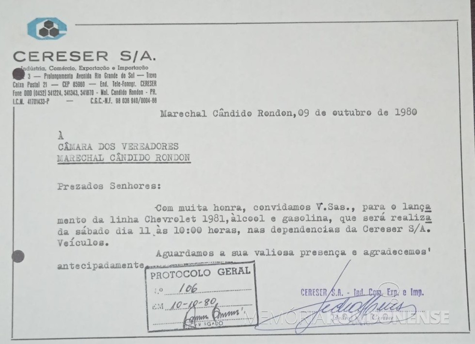 || Convite da empresa Cereser S.A. - Veículos para o lançamento da linha Chevrolet 1981, em outubro de 1980.
Imagem: Acervo Câmara Municipal de Marechal Cândido Rondon - FOTO 8 - 