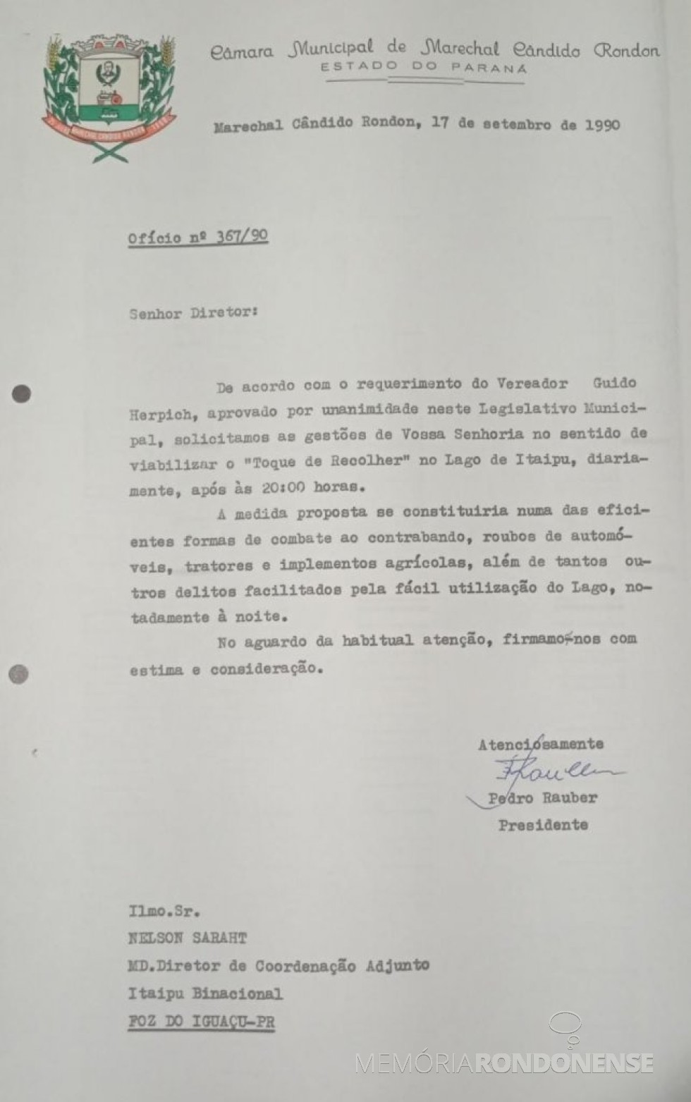|| Cópia do expediente encaminhado à Itaipu Binacional pela Câmara Municipal de Marechal Cândido Rondon em atenção ao Requerimento do vereador Guido Herpich, em setembro de 1990.
Imagem: Acervo do Legislativo referenciado - FOTO 5 - 
