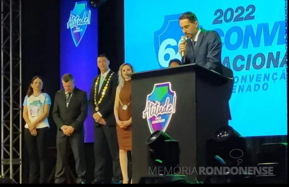 || Marcio Andrei Rauber, prefeito municipal de Marechal Cândido Rondon, em sua alocução na abertura das Convenções JCI Brasil, em outubro de 2022.
Imagem: Acervo Imprensa PM-MCR - FOTO 7 -