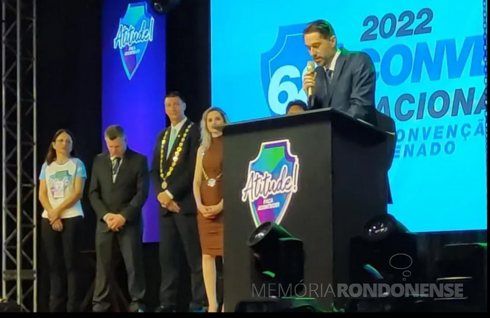 || Marcio Andrei Rauber, prefeito municipal de Marechal Cândido Rondon, em sua alocução na abertura das Convenções JCI Brasil, em  outubro de 2022.
Imagem: Acervo Imprensa PM-MCR - FOTO 6 - 