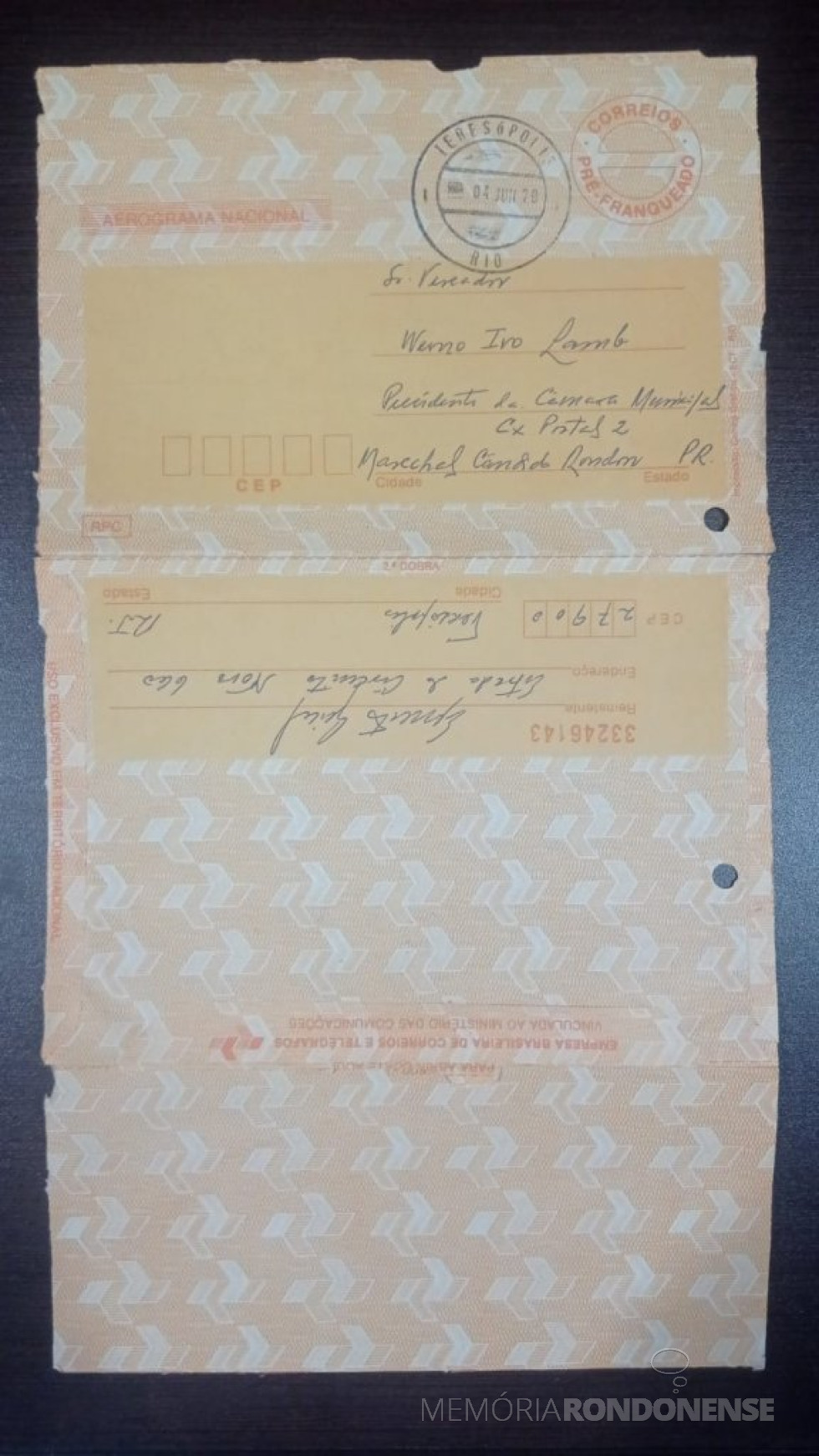 || Contracapa do aerograma encaminhado ao Legislativo Rondonense pelo general Ernesto Geisel, em março de 1979.
Imagem: Acervo da Edilidade rondonense - FOTO 13 -
