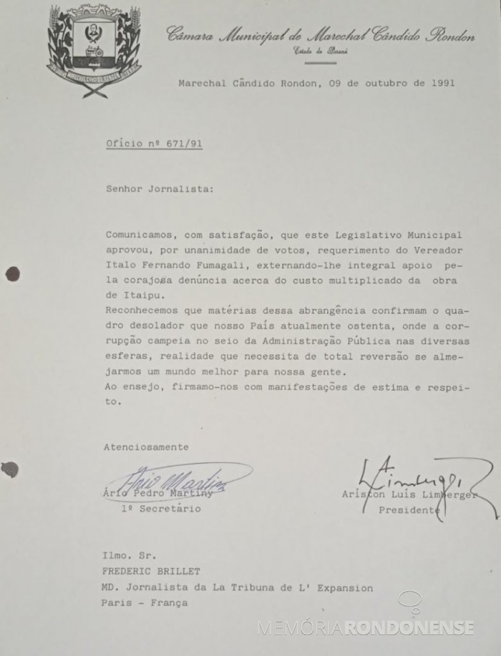 || Cópia do expediente encaminhado ao jornalista francês Frederic Brillet pela CâMara Municipal de Marechal Cândido Rondon (PR), em outubro de 1991. Imagem: Acervo do Legislativo citado - FOTO 11 - 