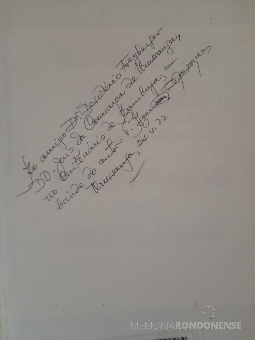|| Dedicatória manifestada ao juíz de Direito, Desidério Amaro Freiberger, pelo autor de