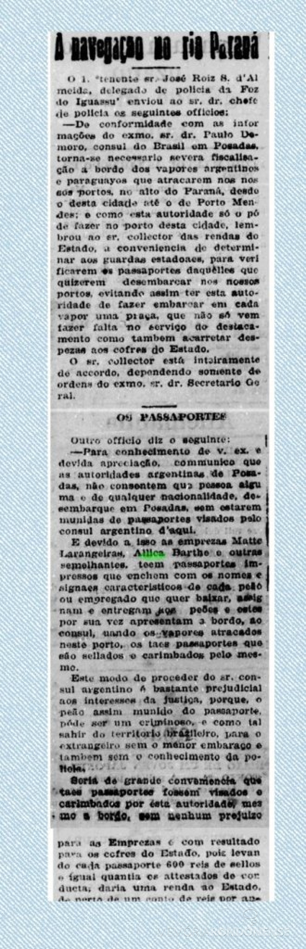 || Nota do Diário da Tarde ref. a necessidade de fiscalização ostensiva nas embarcações argentinas e paraguaias que navegam em águas territoriais brasileiras do Rio Paraná; e alerta sobre a questão dos passaportes.
Imagem: Biblioteca Nacional Digital - FOTO 10 -