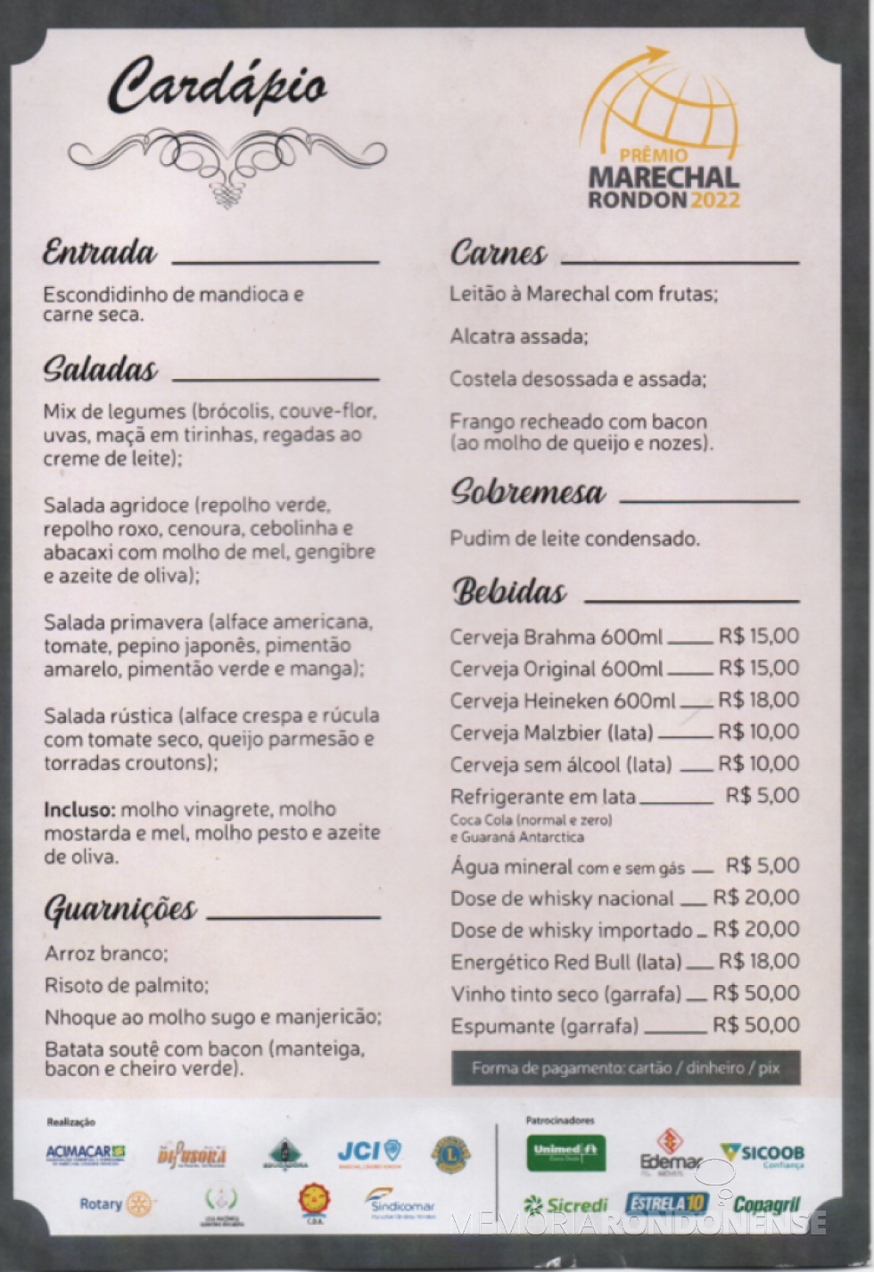 || Cardápio da Jantar de Gala do Prêmio Marechal  2022.
Imagem: Acervo Acimacar - FOTO 32 -