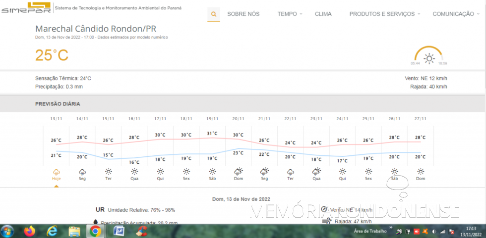 || Planilha digital de previsão climatólogica do Simepar para Marechal Cândido Rondon, de 13 de novembro de 2022  e dias seguintes.
Imagem: Acervo do Órgão - FOTO 22 - 