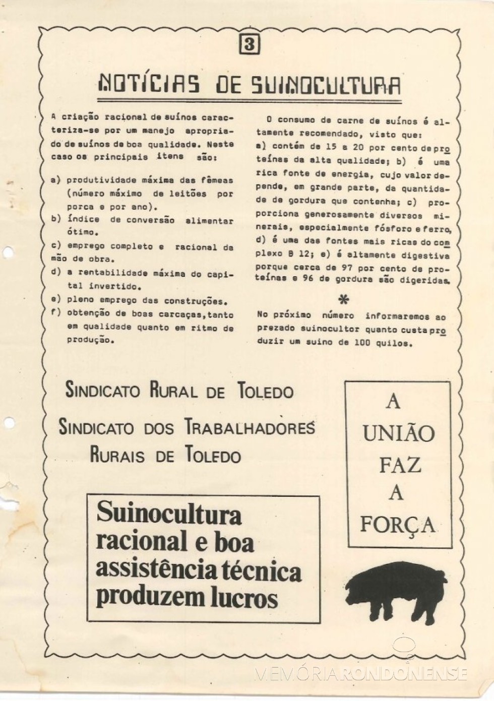 || Página final do informativo nº 1 dos Suinocultores do Oeste Paranaense .
Imagem: Acervo Projeto Memória Rondonense - FOTO 15 -  