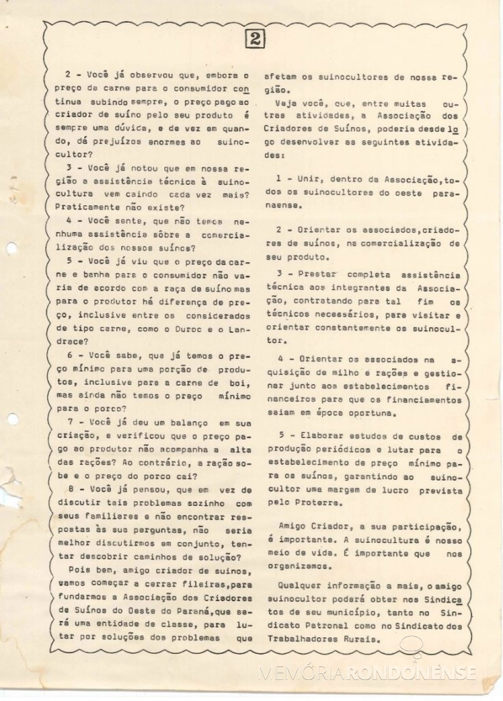 || Página 2 do informativo dos Suinocultores do Oeste Paranaense.
Imagem: Acervo Projeto Memória Rondonense - FOTO 15 -