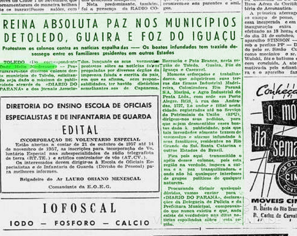 || Publicação no Diário do Paraná sobre a inexistências de distúrbios em municípios do Oeste do Paraná.
Imagem: Acervo Bilioteca Nacional Digital - FOTO 7 -