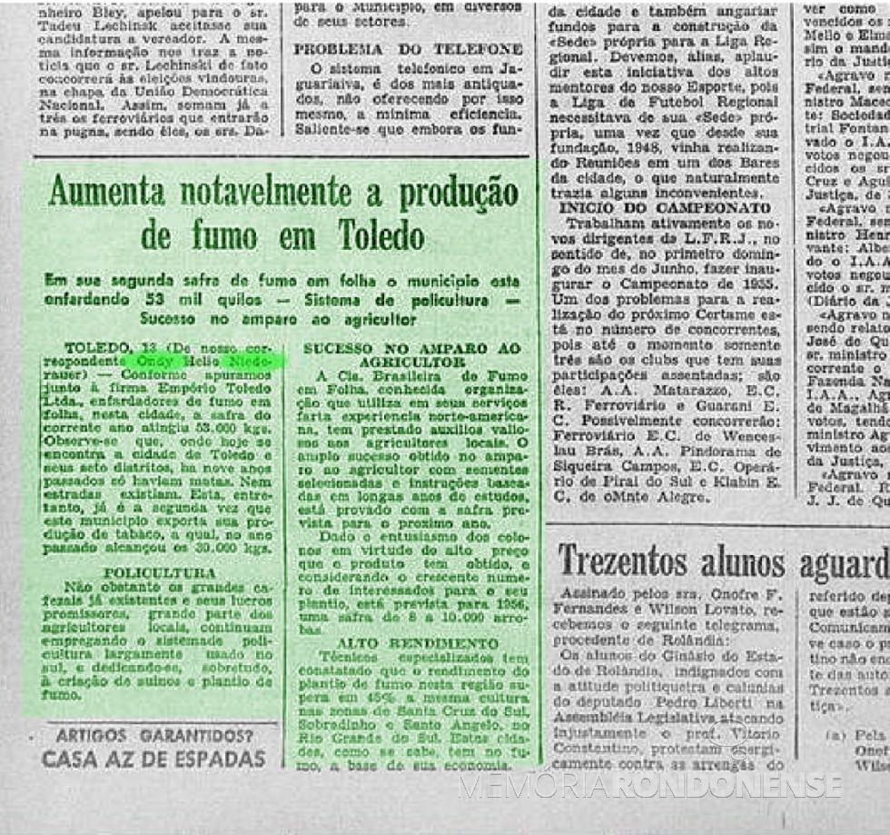 || Publicação no Diário do Paraná sobre o cultivo de tabaco no município de Toledo, em maio de 1955.
Imagem: Acervo Biblioteca Nacional Digital - FOTO 3 - 