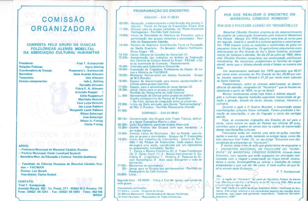 || Parte final do folder alusivo ao I Encontro de Folclore do Hunrück em Marechal Cândido Rondon. 
Imagem: Acervo Memória Rondonense - FOTO 16 - 