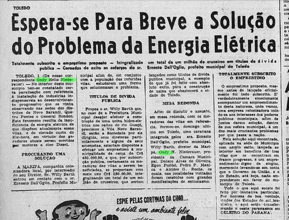 || Publicação no extinto Diário do Paraná sobre a formação do capital para a construção da usina hidrelétrica no Arroio Guaçu, ed. 02.6.1955, Ano I , nº 54, p. 4 - Acervo: Biblioteca Nacional Digital - FOTO 1 -