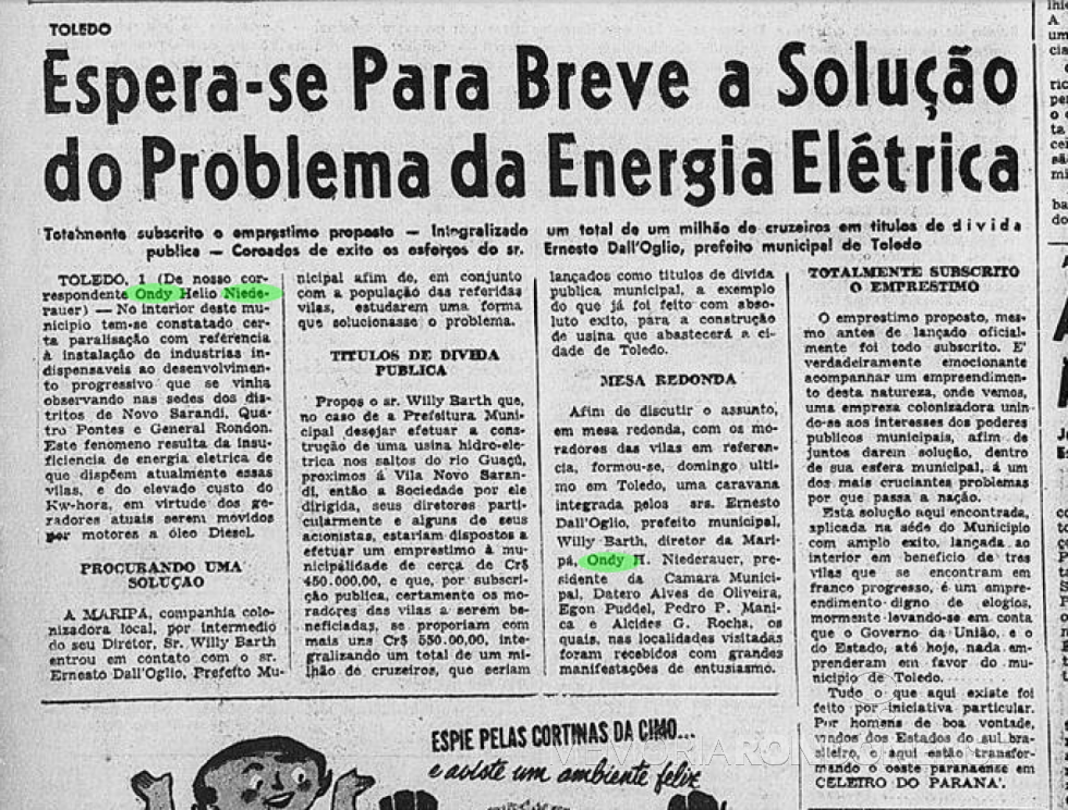 || Publicação no extinto Diário do Paraná sobre a formação do capital para a construção da usina hidrelétrica no Arroio Guaçu, ed. 02.6.1955, Ano I , nº 54, p. 4 - Acervo: Biblioteca Nacional Digital - FOTO 1 - 
