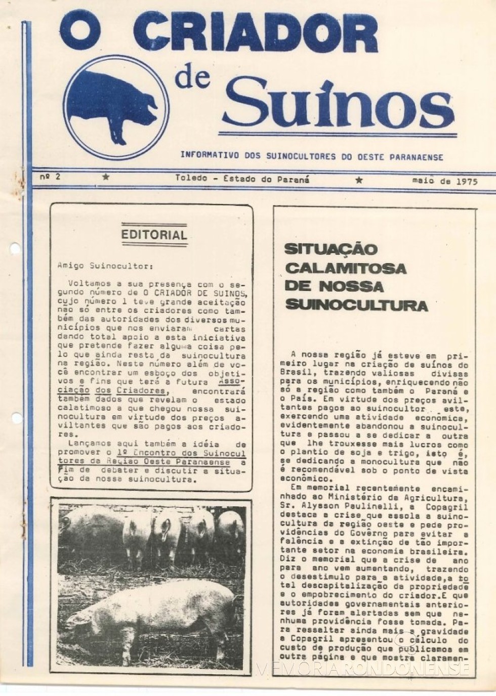 || Capa do informativo nº 2 dos Suinocultores do Oeste Paranaense, publicado em maio de 1975.
Imagem: Acervo Projeto Memória Rondonense - FOTO 16 - 