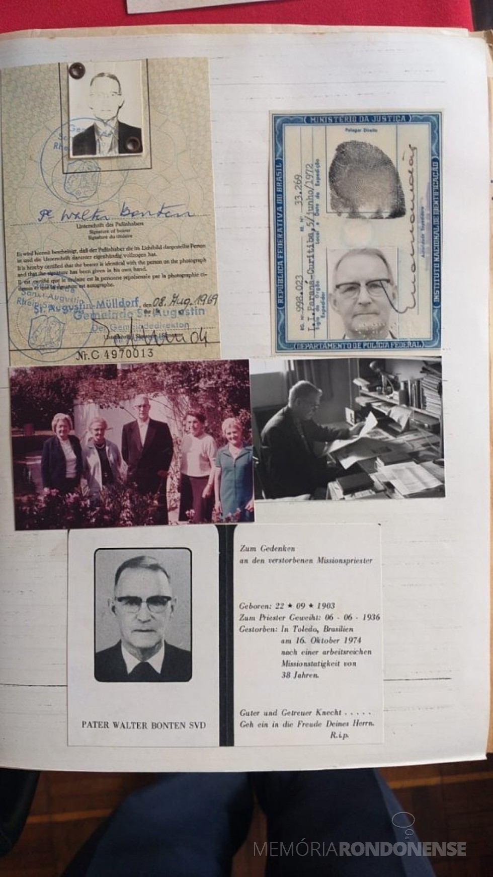 || Referências documentais de padre Walter Bonten SVD, falecido em outubro de 1974.
Imagem: Acervo Provincialado Verbo Divino Sul (Curitiba) - FOTO 2 - 