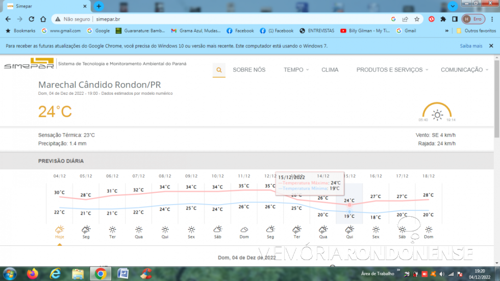 || Planilha digital do Sistema Tecnológico e Monitoramento Ambiental do Paraná (SIMEPAR( com a previsão climatológica para Marechal Cândido Rondon para o dia 04 de dezembro de 2022 e dias seguintes.
Imagem: Acervo do órgão citado - FOTO 26 -