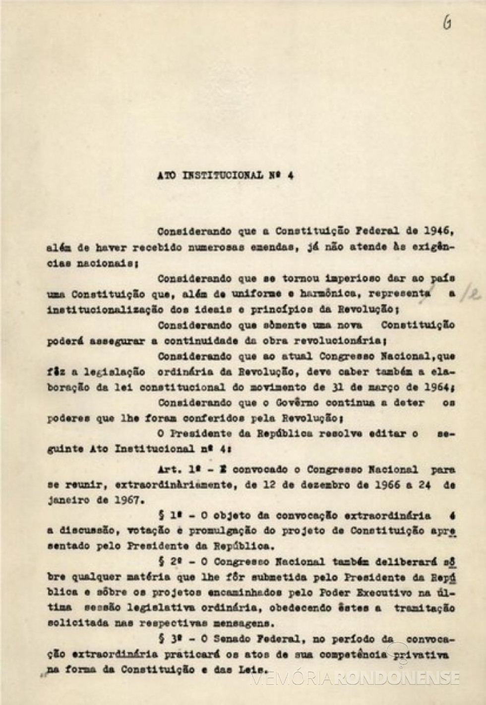 || Página inicial do Ato Institucional nº 4 (AI 4) enviado ao Congresso Nacional em 07 de dezembro de 1967, para aprovação.
Imagem: Acervo Wikipedia - FOTO 2 -