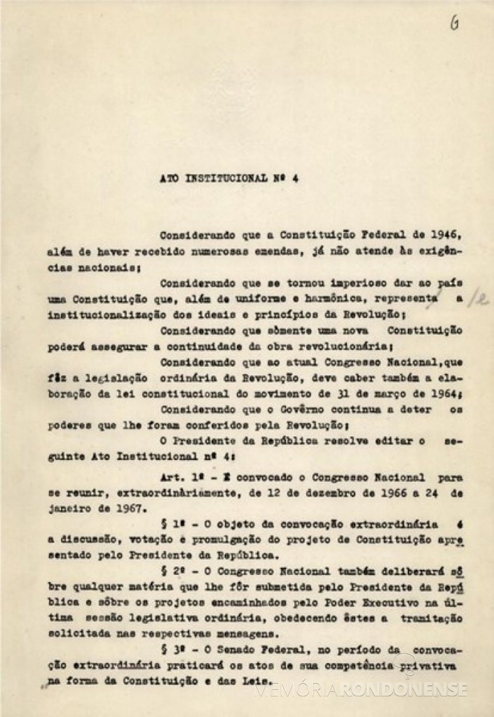 || Página inicial do Ato Institucional nº 4 (AI 4)  enviado ao Congresso Nacional em 07 de dezembro de 1967, para aprovação.
Imagem: Acervo Wikipedia - FOTO 2 - 