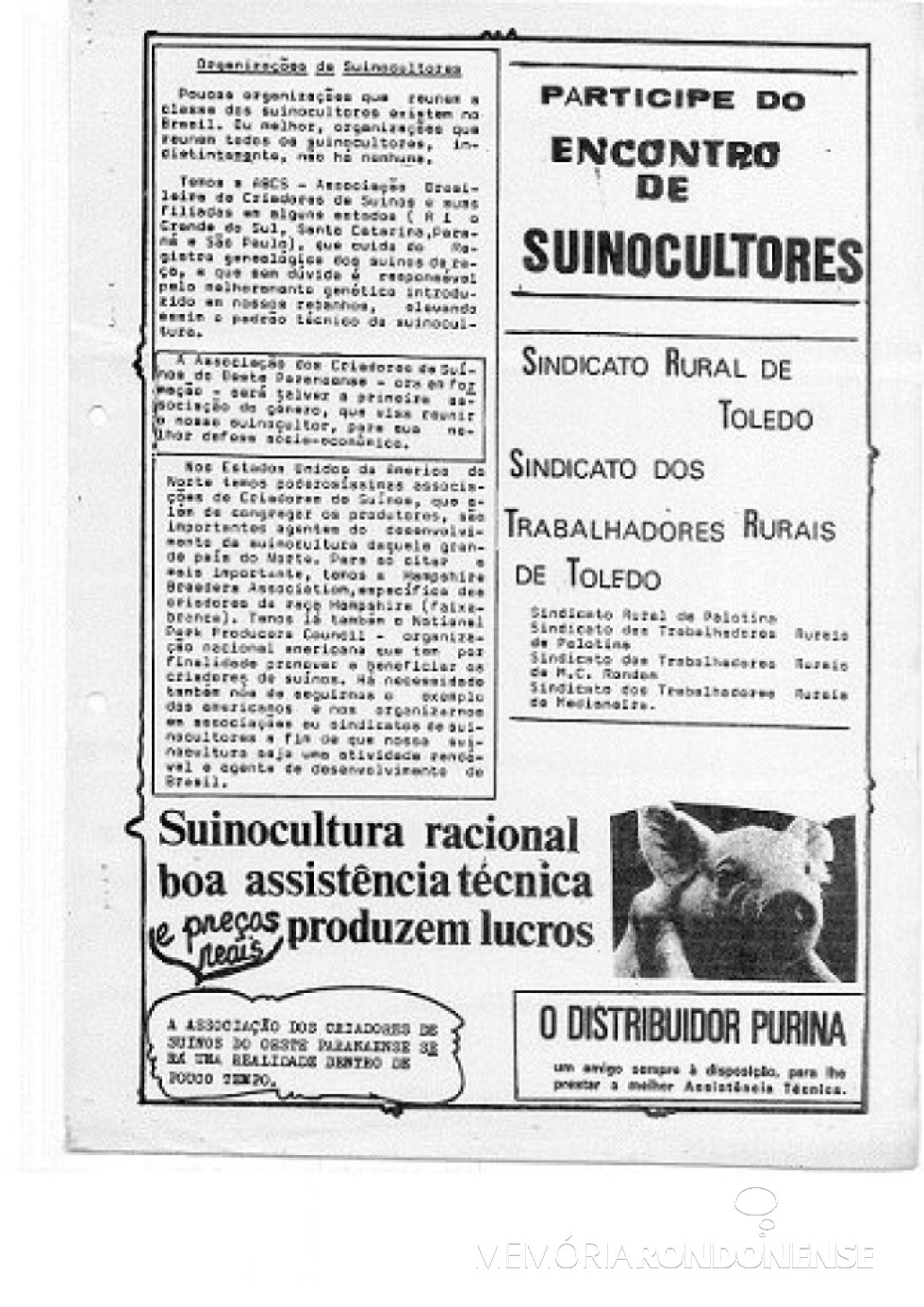 || Página final do  Boletim nº 2 dos Suinocultores do Oeste Paranaense.
Imagem: Acervo Projeto Memória Rondonense - FOTO 19 -