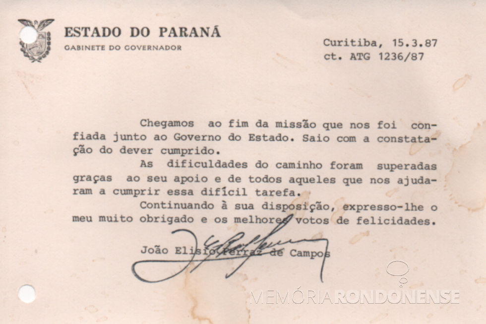 || Cartão de agradecimento enviado pelo ex-governador João Elisio Ferraz de Campos à Câmara Municipal de Marechal Cândido Rondon, em março de 1987.
Imagem: Acervo da Edilidade referida - FOTO 11 -
