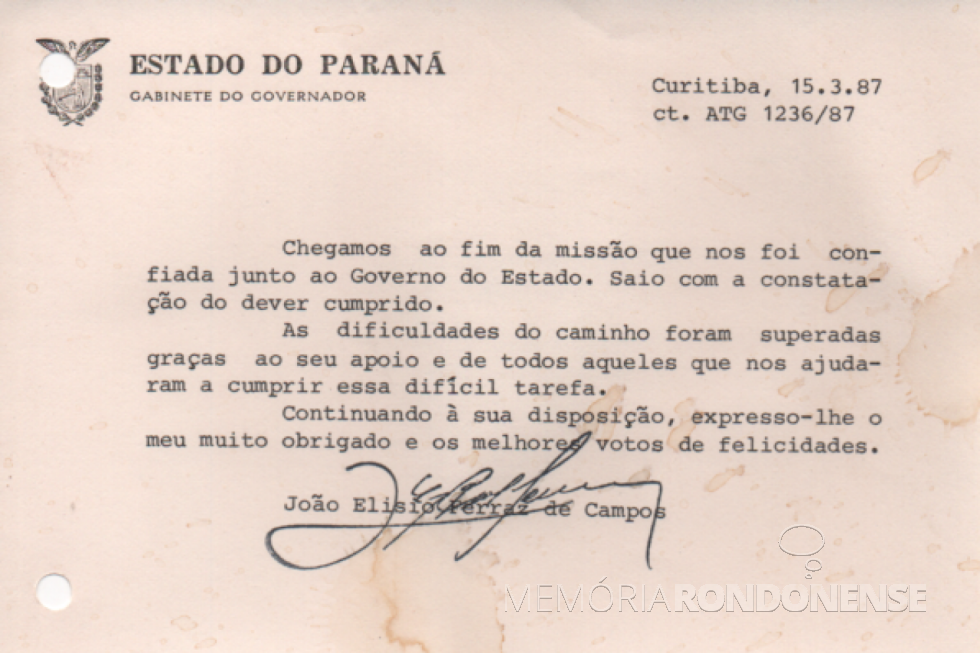 || Cartão de agradecimento enviado pelo ex-governador João Elisio Ferraz de Campos à Câmara Municipal de Marechal Cândido Rondon, em março de 1987.
Imagem: Acervo da Edilidade referida - FOTO 15 -