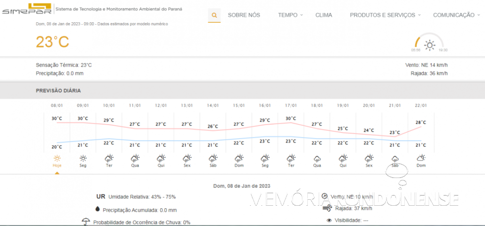 || Página digital de previsão climatológica do Sistema de Tecnologia e Monitoramento Ambiental do Paraná (SIMEPAR) para Marechal Cândido Rondon para o dia 08 de janeiro de 2023 e dias seguintes.
Imagem: Acervo do órgão citado - FOTO 15 -