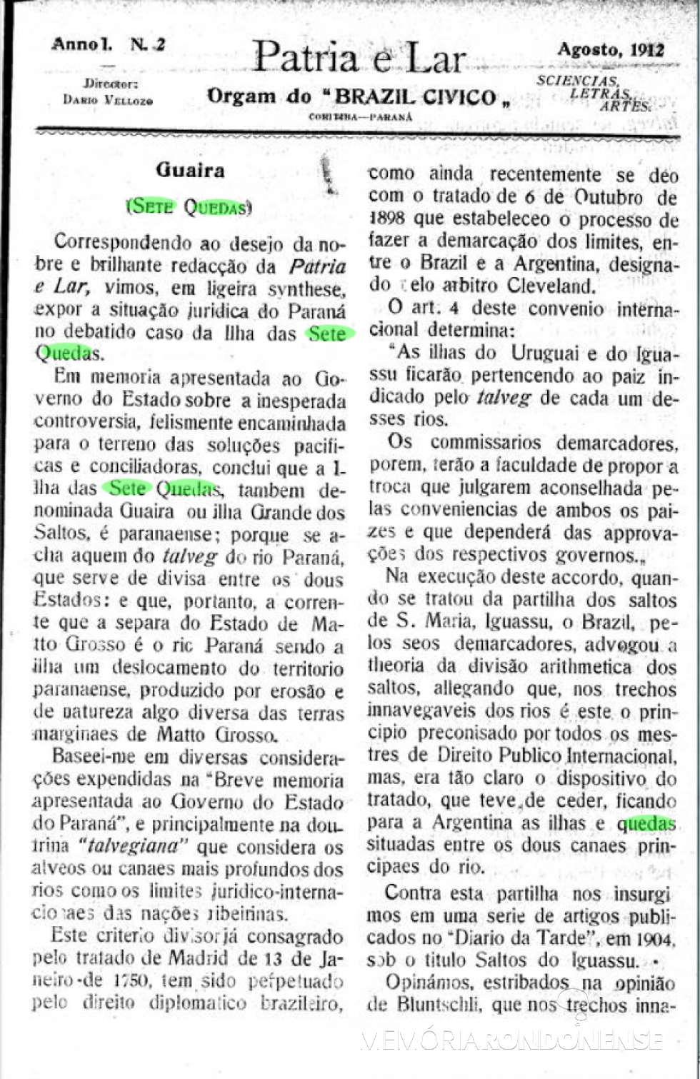 || Página inicial do parecer de Ermelino de Leão sobre a Ilha Grande, em Guaíra, publicado em agosto de 1912.
Imagem: Acervo Biblioteca Nacional Digital - FOTO 5 - 