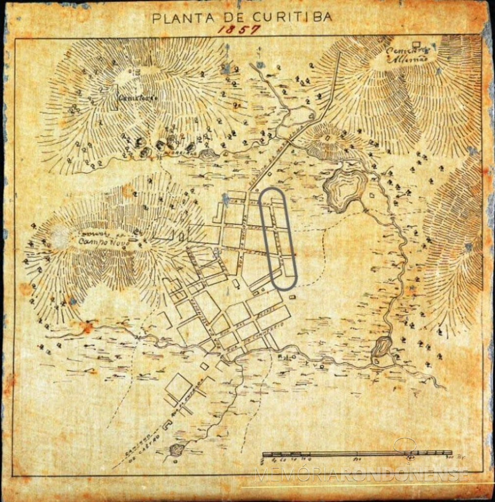 || Mapa da cidade de Curitiba mostra as poucas ruas que compunham o vilarejo naquela época e, infelizmente, das treze ruas nela nominadas, somente uma permaneceu com seu nome original até hoje, a