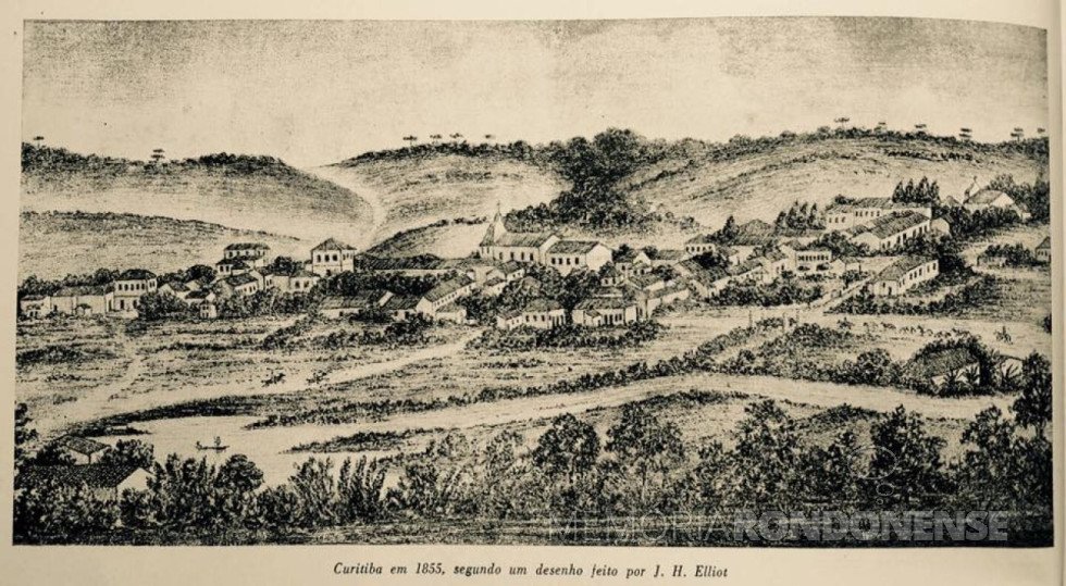 || Incipiente vilarejo de Curitiba de 1855, formado por aquele grupo de desbravadores que veio da antiga Vilinha (hoje Bairro Alto), onde tinham se estabelecido em busca de ouro.
Desenho de J. H. Elliot*.
* Paranaense de Jaguaraíva (1809-1884).
Imagem: Acervo e legenda (parcial) de Paulo Roberto Grani em