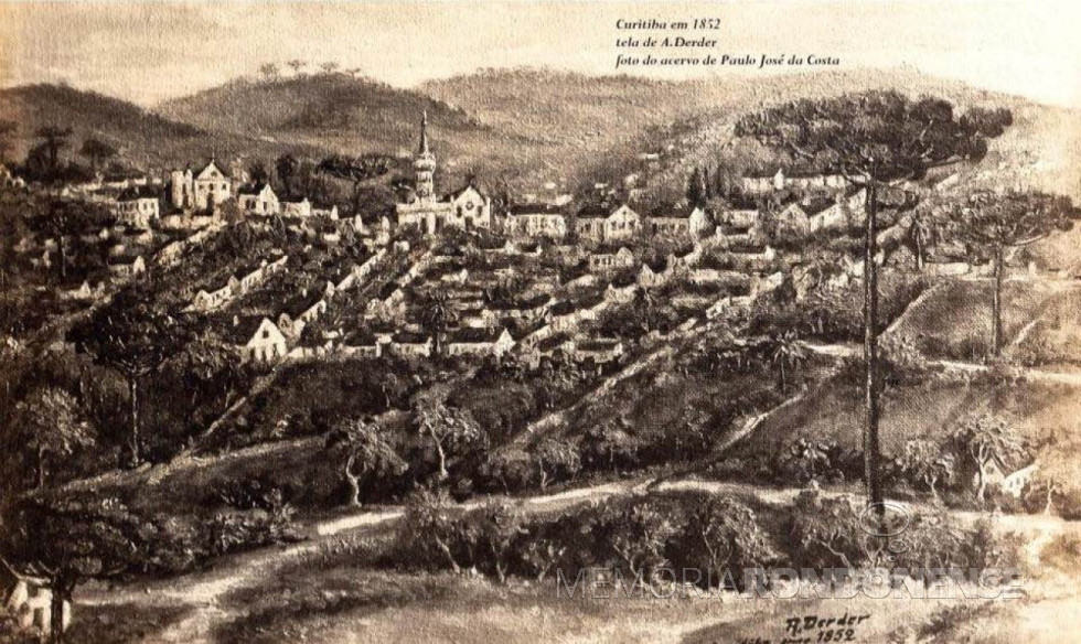 || O pequeno povoado de Curitiba, em 1852, um ano antes de passar à capital da Província do Paraná, com suas poucas ruas, cerca de 3.000 habitantes e pouco mais de 250 casas.
Tela de J. Didier.
Imagem: Acervo de Paulo José da Costa e legenda (parcial) de Paulo Roberto Grani, em Antigamente em Curitiba/Facebook - FOTO 2 -