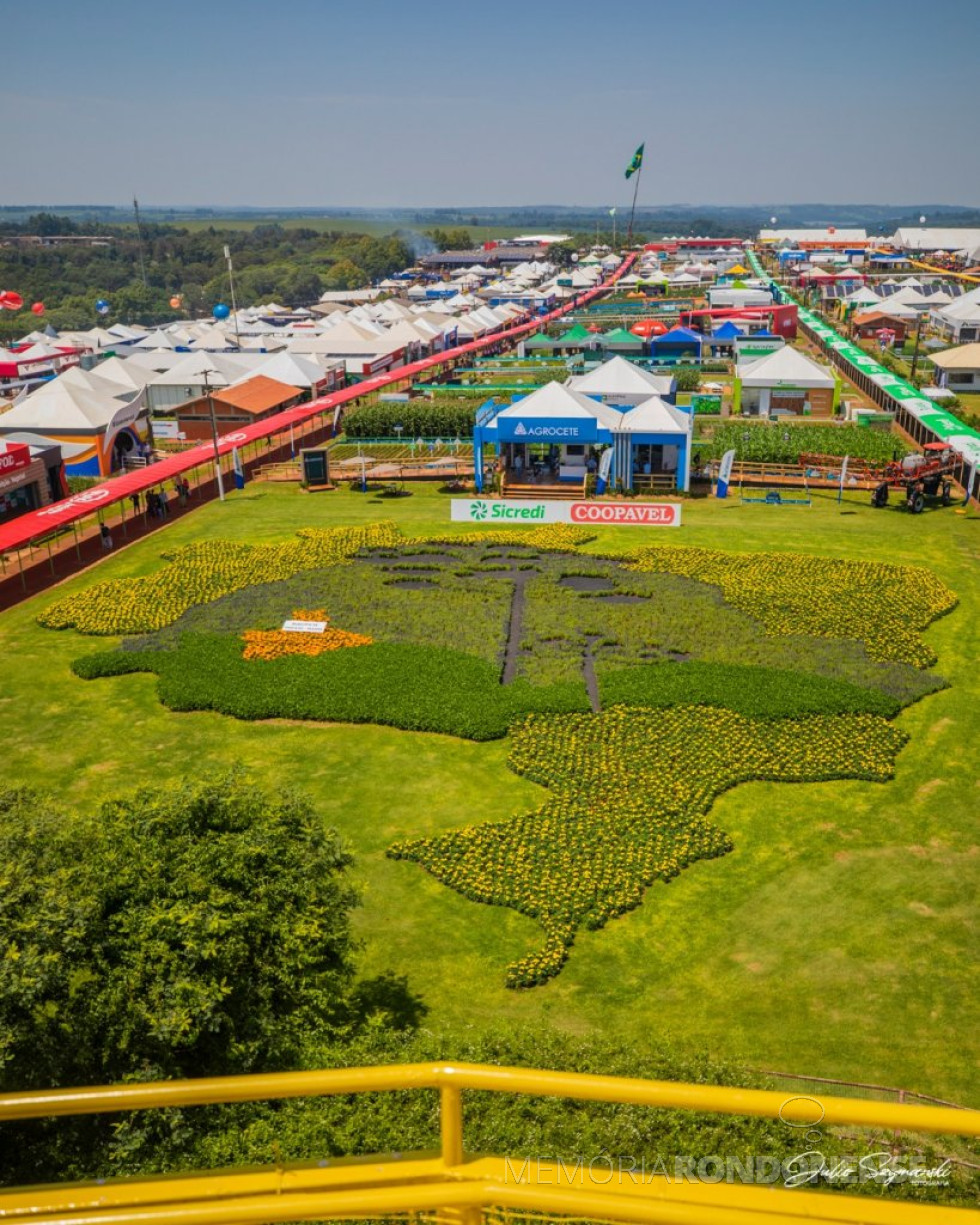 || Tradicional jardim de flores com lindas imagens no Show Rural Coopavel. Esta é a vista do parque tecnológico a partir da caixa d'água.
Este ano, 2023,  o mapa do Brasil destaca o Estado do Paraná e sua principal riqueza, que são as araucárias, vistas aqui em meio às plantações. A cidade de Cascavel também aparece ali, com flores alaranjadas.
Imagem: Acervo, crédieto e legenda de Julio Szymansky (Cascavel) - FOTO 17 -