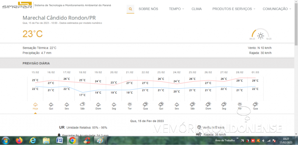 || Painel de previsão climatológico compartilhado pelo Sistema Tecnológico e Monitoriamento Ambiental do Paraná (SIMEPAR), para o dia 15 de fevereiro de 2023 e dias seguintes, na cidade de Marechal Cândido Rondon.
Imagem: Acervo do Órgão citado - FOTO 23 - 