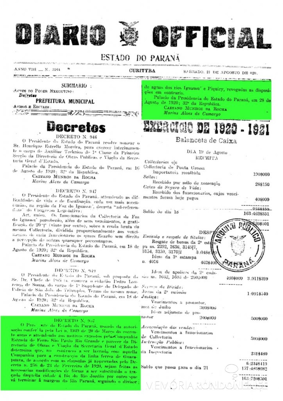 || Publicação do Decreto nº 957, de agosto de 1920, referente a transferência de concessão da Estrada de Ferro Oeste-Paraná. 
Imagem: Acervo Arquivo Público do Paraná - FOTO 3 - 